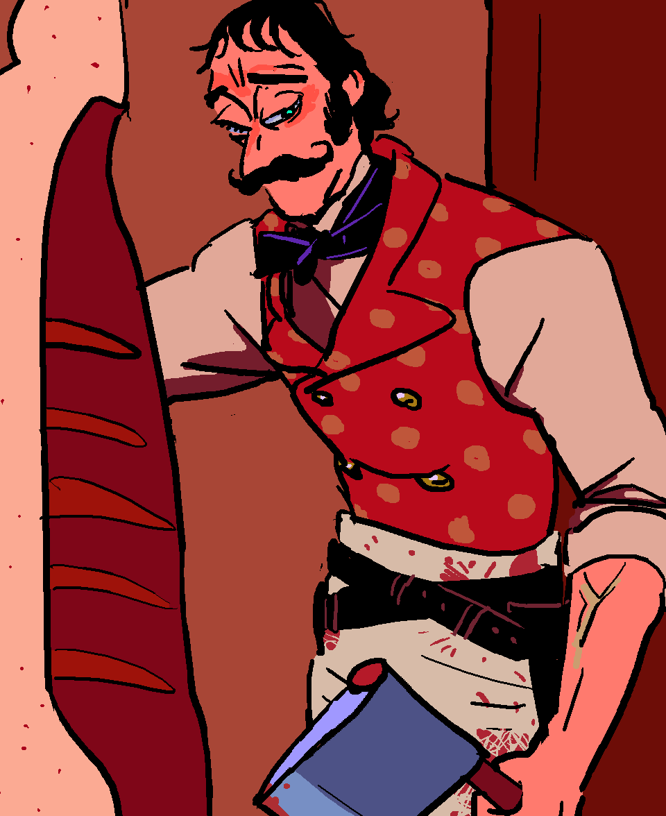 1boy, ao9hp, apron, ascot, axe, bill_the_butcher, black_ascot, black_hair