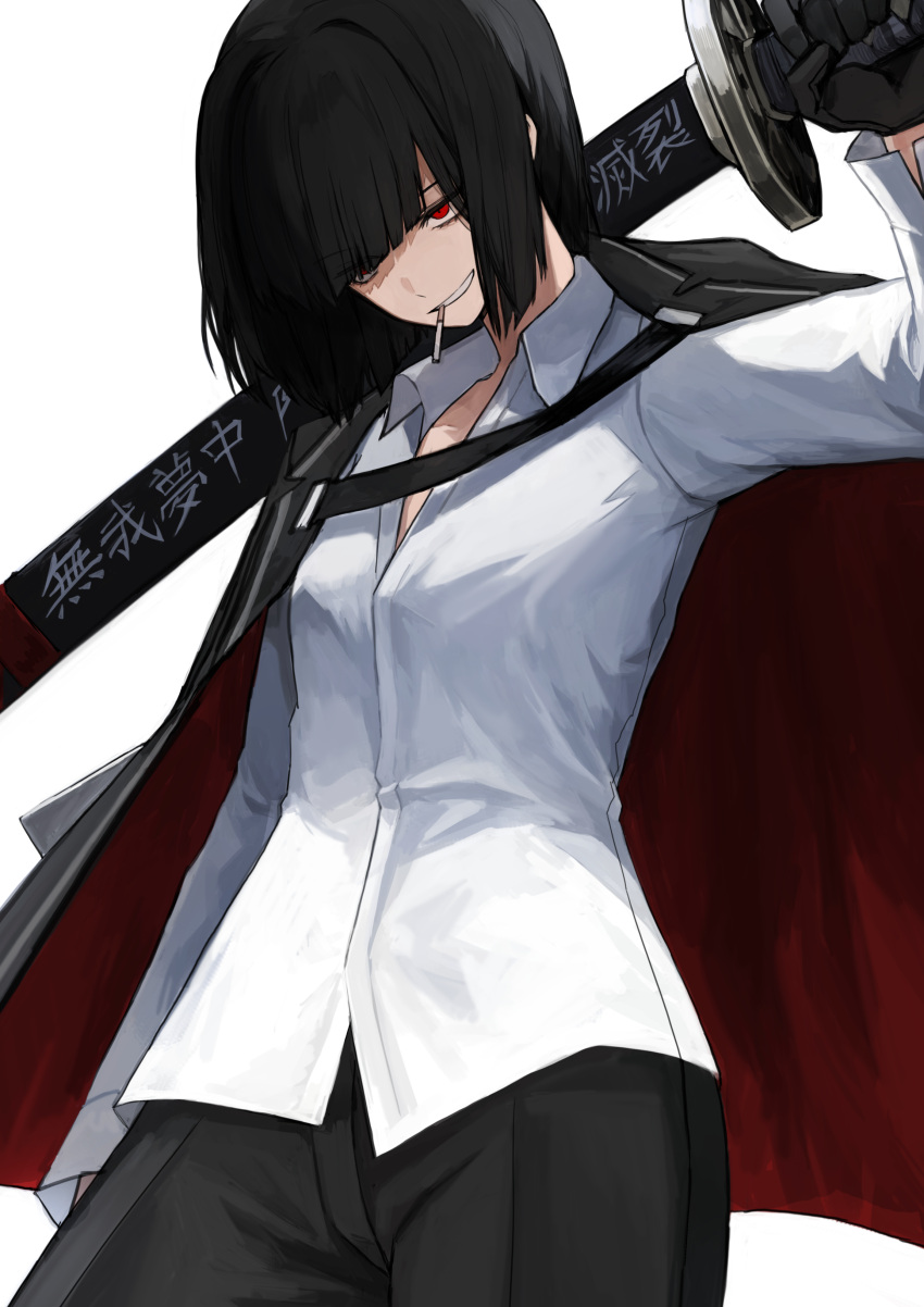 1girl, absurdres, badnick69_(camchi), black_gloves, black_hair, black_jacket, bob_cut, cigarette, collared_shirt, cowboy_shot, gloves, grin, highres, holding, holding_sword, holding_weapon, jacket, jacket_on_shoulders, lapels, limbus_company, looking_at_viewer, notched_lapels, ootachi, over_shoulder, project_moon, red_eyes, ryoshu_(project_moon), shirt, short_hair, simple_background, smile, solo, sword, sword_over_shoulder, weapon, weapon_over_shoulder, white_background, white_shirt