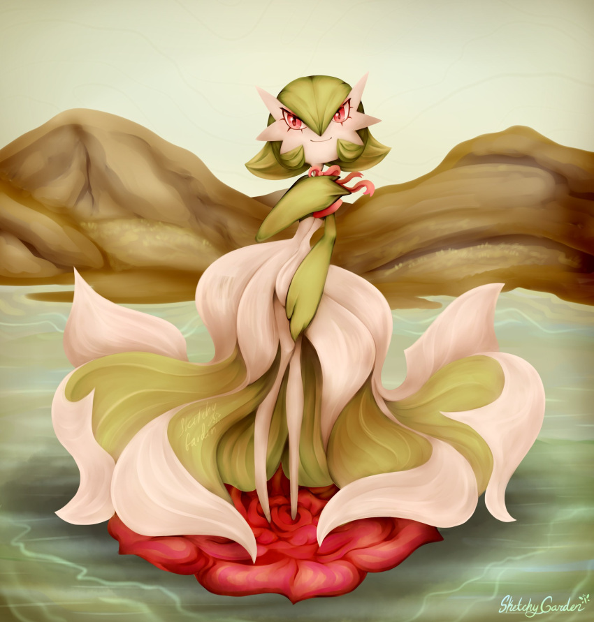 blue_background, bow, bowtie, colored_skin, dress, eyelashes, flower, gardevoir