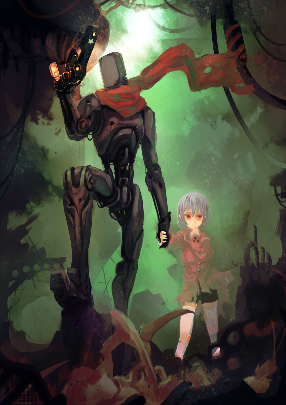 cave_story, female, hand_holding, highres, holding_hands, original, quote, red_eyes, robot, scarf, shorts, silver_hair, star, thighhighs, tragic_comedy, weapon, zettai_ryouiki