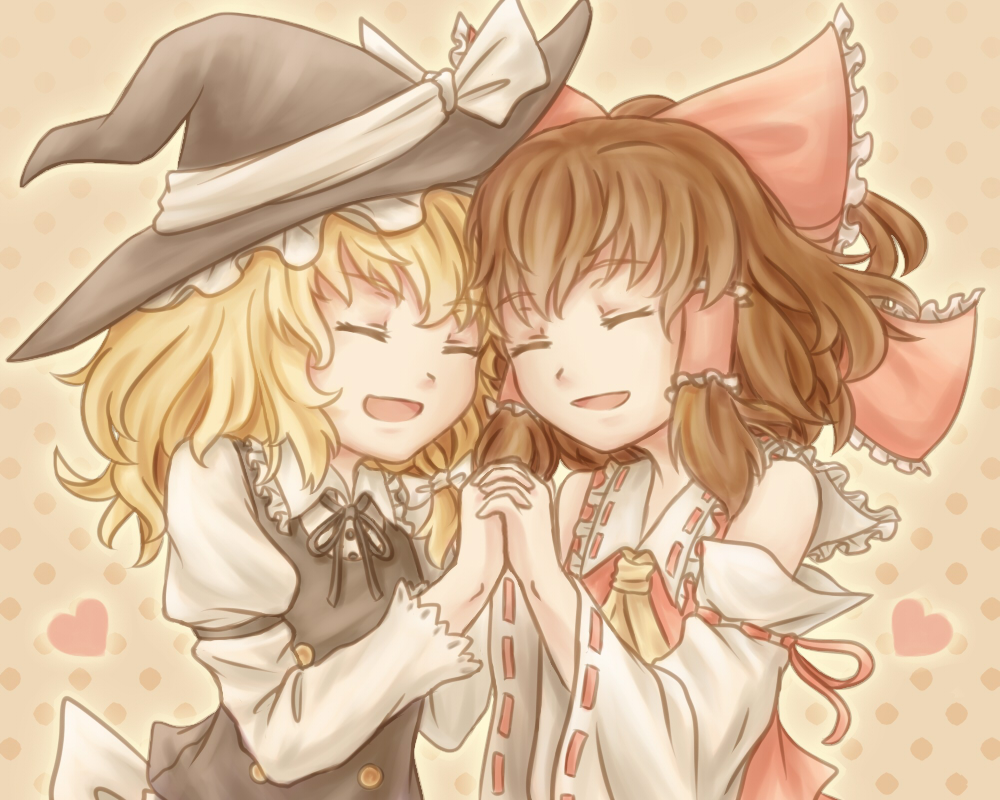 2girls, ascot, back_bow, bare_shoulders, black_hat, black_ribbon, black_vest, blonde_hair