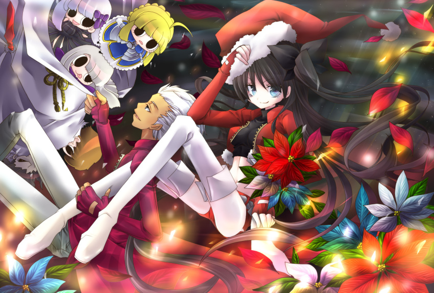 ahoge, aqua_eyes, archer, black_hair, blonde_hair, bow, bun, chibi, christmas, dark_sakura, fate/stay_night, fate_(series), hair_bow, hair_bun, hair_ribbon, highres, illyasviel_von_einzbern, ilyasviel_von_einzbern, long_hair, matou_sakura, ribbon, saber, silver_hair, thigh-highs, thighhighs, tohsaka_rin, toosaka_rin, turtleneck, twintails, white_hair