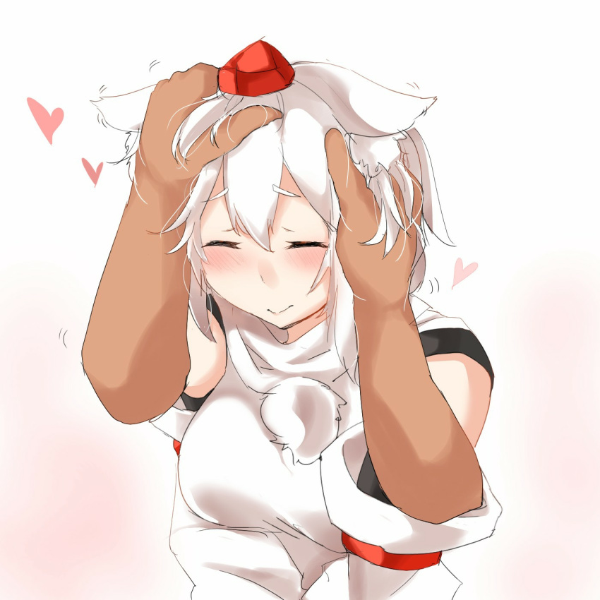 1boy, 1girl, animal_ears, blush, breasts, closed_eyes, closed_mouth, commentary_request