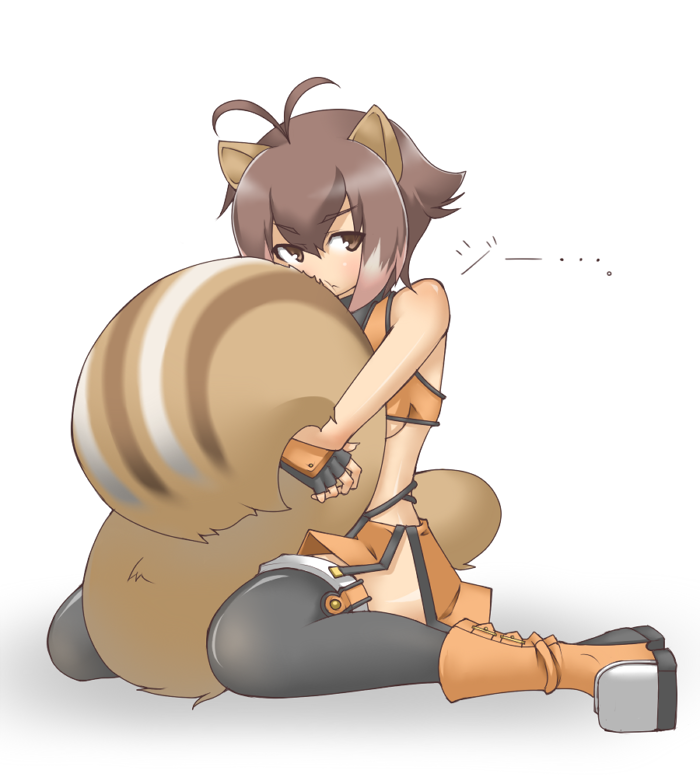 1girl, ahoge, antenna_hair, between_legs, blazblue, boots, breasts, brown_eyes