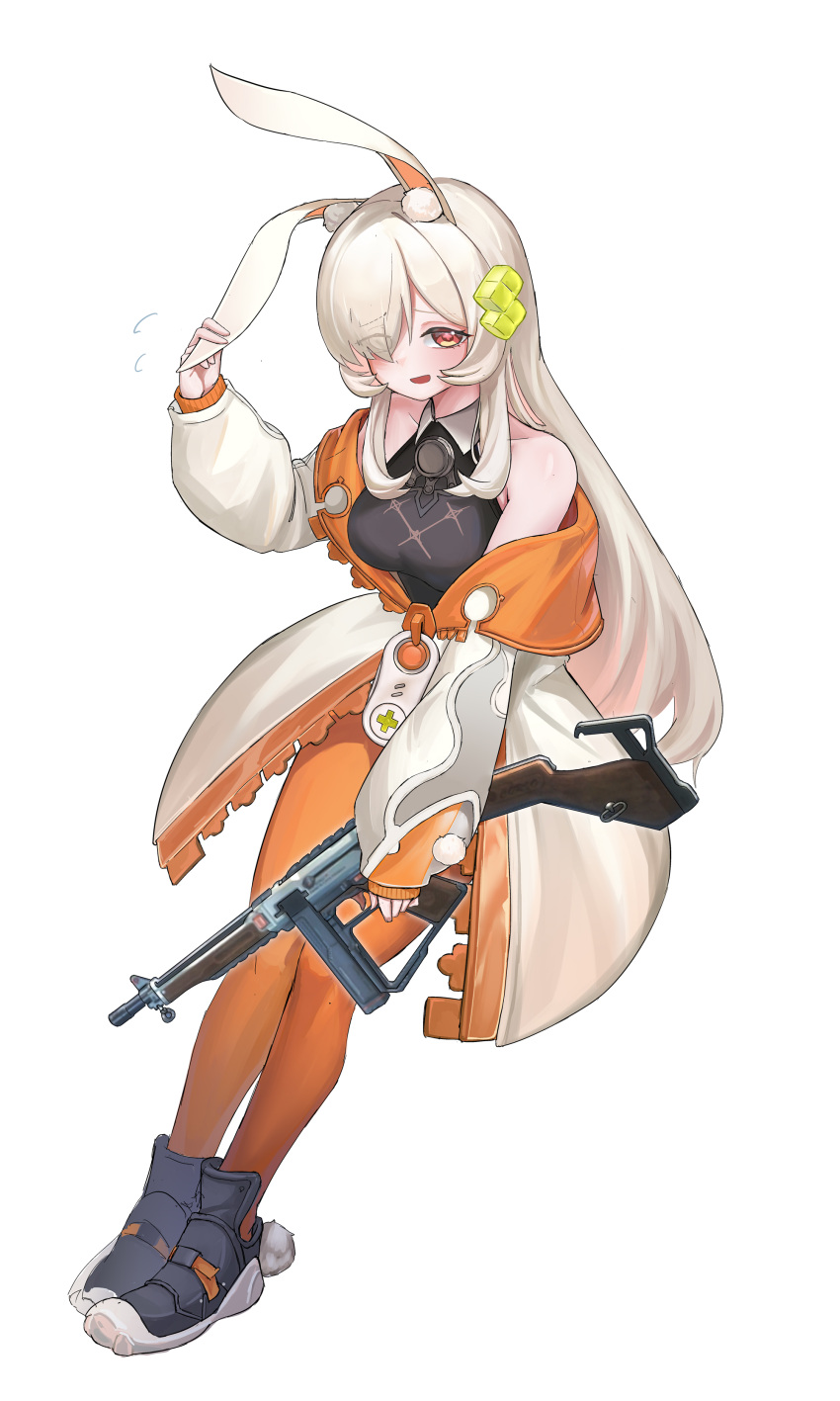 1girl, absurdres, animal_ear_fluff, animal_ears, bare_shoulders, blush, full_body, gun