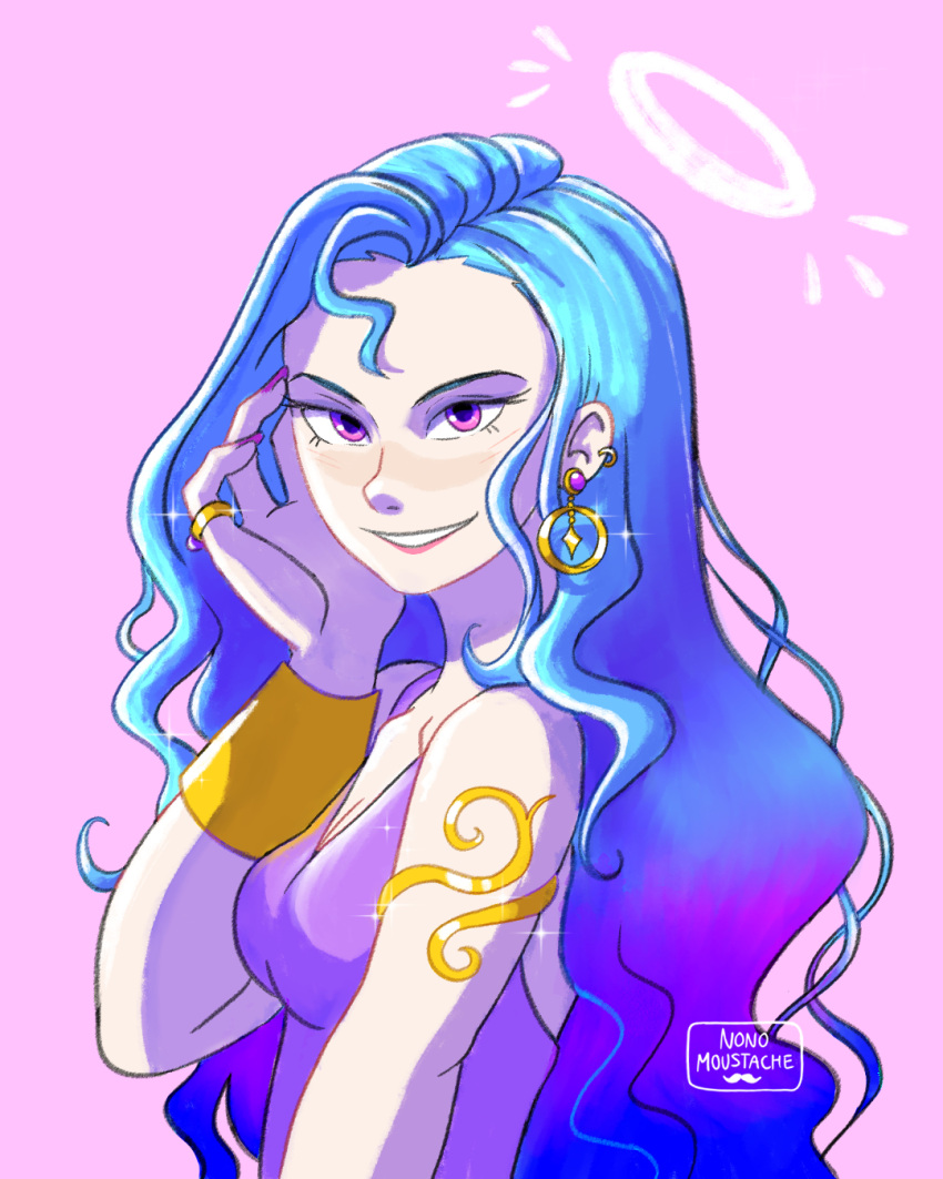 1girl, alternate_costume, amazon_pandora, armlet, bare_shoulders, blue_hair, curly_hair, earrings