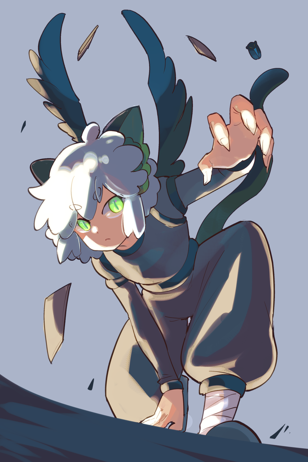 1boy, animal_ears, arm_up, bandaged_ankle, bent_over, black_pants, black_shirt, black_tail