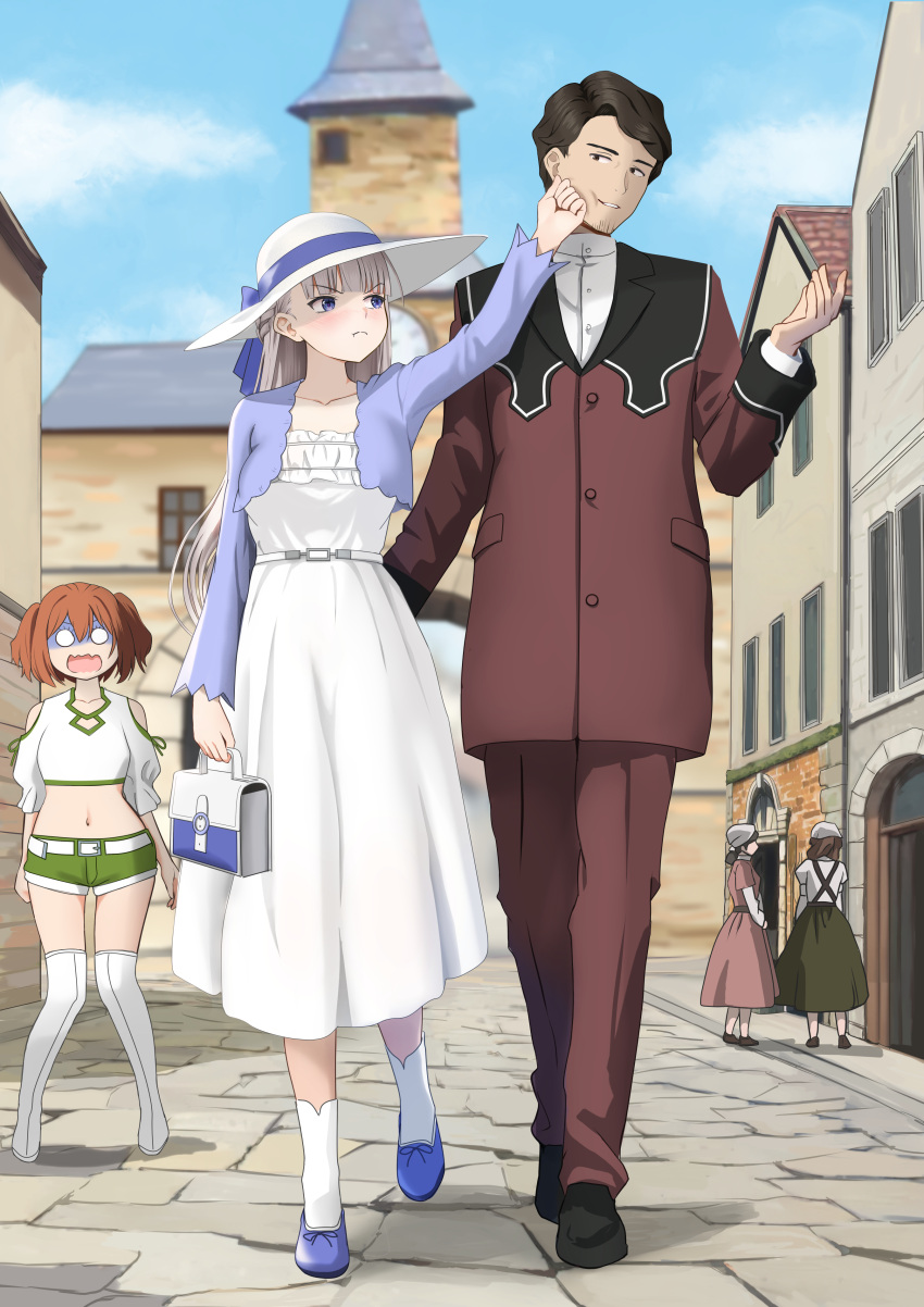 1boy, 4girls, absurdres, bag, beard_stubble, blue_eyes, blush, boots