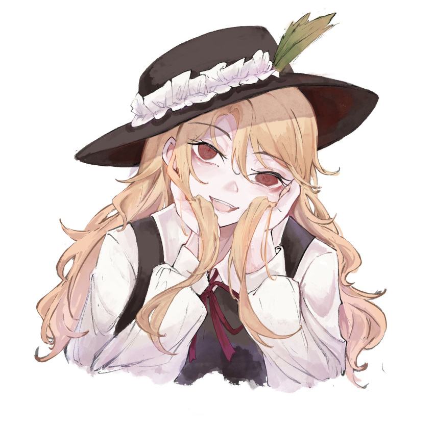 1girl, black_hat, black_vest, blonde_hair, collared_shirt, commentary_request, cropped_torso, empty_eyes, frilled_hat, frills, hands_in_own_hair, hat, hat_feather, head_tilt, highres, jacket_girl_(dipp), long_hair, looking_at_viewer, lucky_chicken, neck_ribbon, red_ribbon, ribbon, shirt, sidelocks, simple_background, solo, teeth, touhou, upper_teeth_only, very_long_hair, vest, white_background, white_shirt