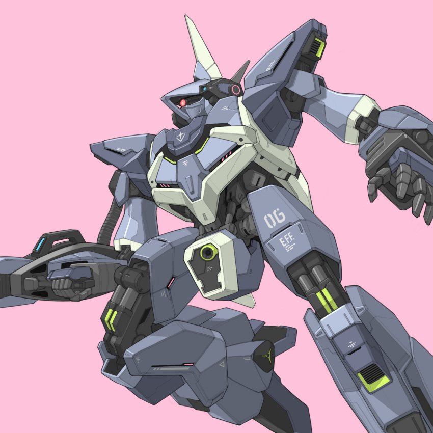 barzam, beam_rifle, bmwsb0, earth_federation, energy_gun, foot_out_of_frame, gun, gundam, highres, holding, holding_gun, holding_weapon, machinery, mecha, mecha_focus, mobile_suit, no_humans, one-eyed, pink_background, red_eyes, robot, science_fiction, simple_background, solo, titans_(gundam), weapon, zeta_gundam, zeta_gundam_define