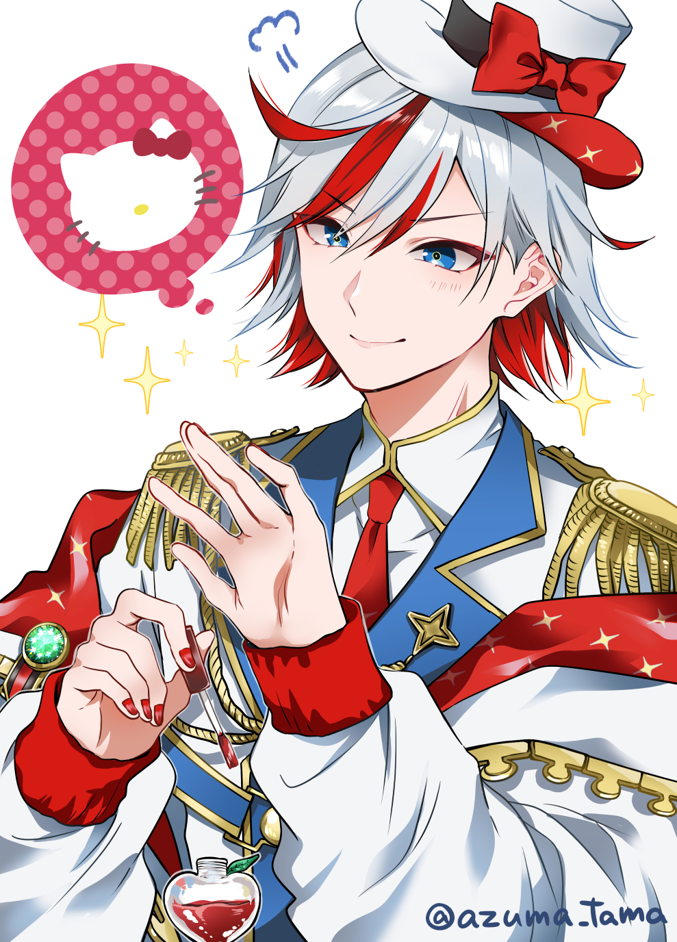 1boy, aiguillette, applying_manicure, bishounen, blue_eyes, blue_jacket, blush, bow