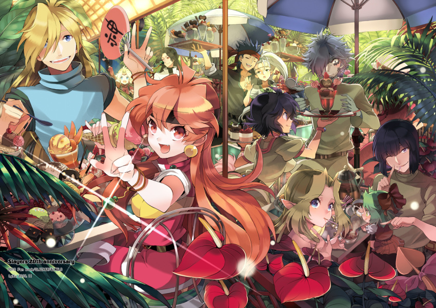 blonde_hair, blue_eyes, bracelet, closed_eyes, earrings, eyes_closed, filia_ul_copt, food, gourry_gabriev, green_hair, headband, ice_cream, jewelry, lina_inverse, long_hair, lord_of_nightmares, luke, luna_inverse, lyxu, milina, pointy_ears, purple_eyes, purple_hair, red_eyes, red_hair, redhead, ruby_eye_shabranigdu, short_hair, slayers, slayers_try, valgarv, violet_eyes, white_hair, xelloss, zelgadiss_graywords