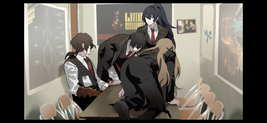 1girl, 3boys, all_fours, black_coat, black_hair, black_pants, black_vest, brown_hair, chainsaw_man, chair, closed_eyes, coat, collared_shirt, folding_chair, glasses, gregor_(project_moon), half_updo, highres, hong_lu_(project_moon), kick_back_(song), lapels, limbus_company, long_hair, long_sleeves, low_ponytail, multiple_boys, necktie, notched_lapels, on_table, open_mouth, pants, parody, project_moon, red_necktie, rodion_(project_moon), shiba_prmn, shirt, smile, table, very_long_hair, vest, white_shirt, yi_sang_(project_moon)