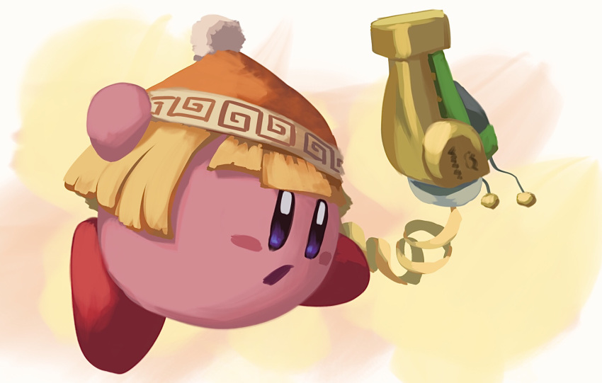 arms_(game), beanie, blonde_hair, blue_eyes, blunt_bangs, blunt_ends, blush_stickers, bob_cut, border, cannon, copy_ability, cosplay, fighting_stance, hat, kirby, kirby_(series), looking_ahead, min_min_(arms), min_min_(arms)_(cosplay), no_humans, open_mouth, orange_hair, outside_border, pom_pom_(clothes), pom_pom_beanie, red_footwear, shoes, short_hair, solo, suyasuyabi, white_border, yellow_background