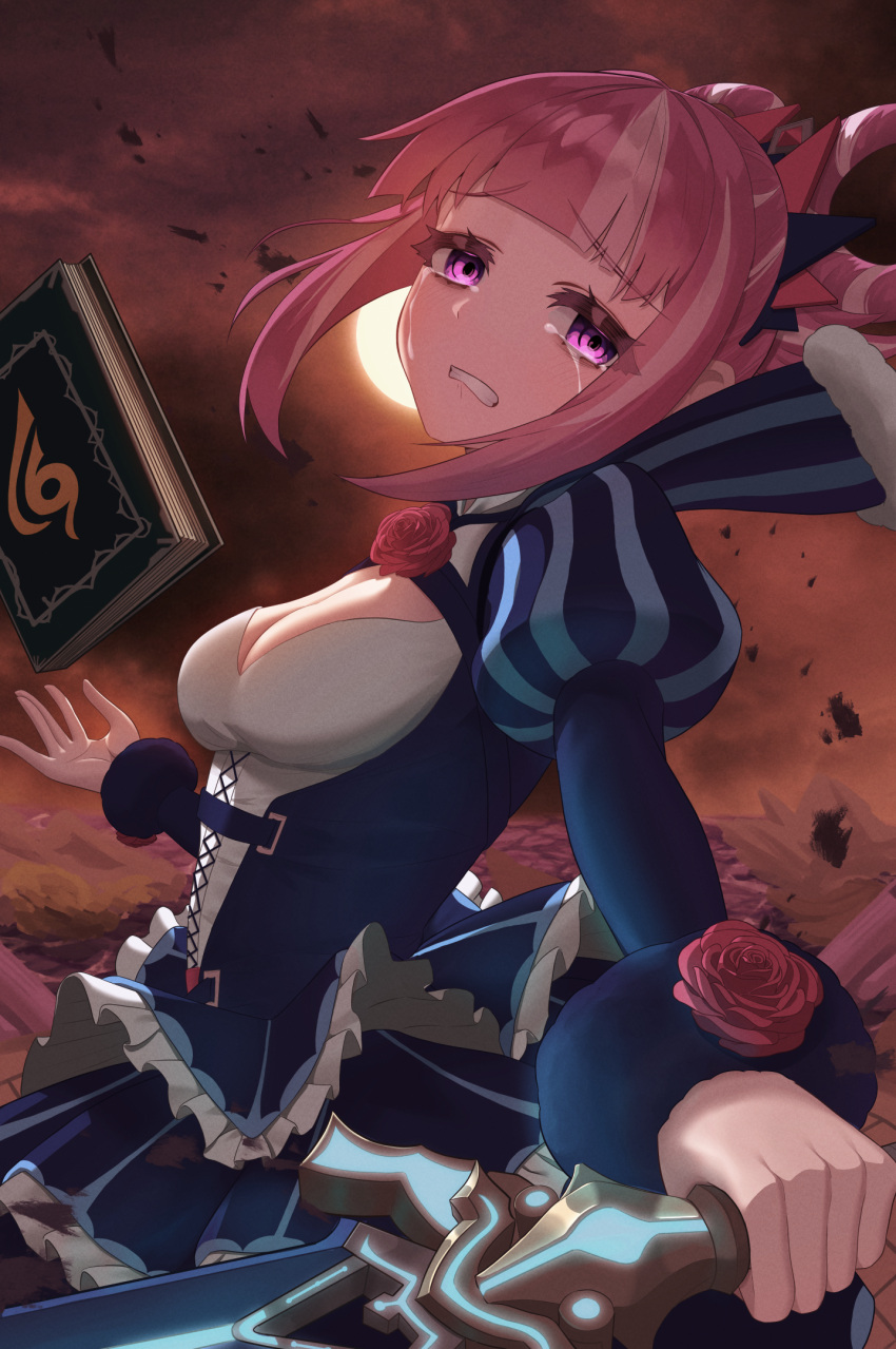 1girl, book, breasts, cross-laced_clothes, cross-laced_dress, dress, facial_mark, fire_emblem