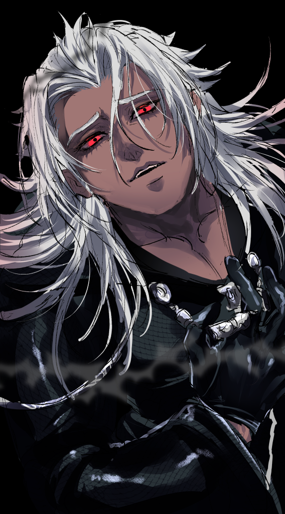 1boy, alternate_eye_color, black_background, black_coat, black_coat_(kingdom_hearts), black_gloves, coat, collarbone, commentary_request, dark-skinned_male, dark_skin, gloves, grey_hair, hand_on_own_chest, kanipanman, kingdom_hearts, kingdom_hearts_ii, long_hair, looking_at_viewer, male_focus, parted_bangs, parted_lips, pectoral_cleavage, pectorals, red_eyes, solo, teeth, toned, toned_male, upper_body, upper_teeth_only, xemnas
