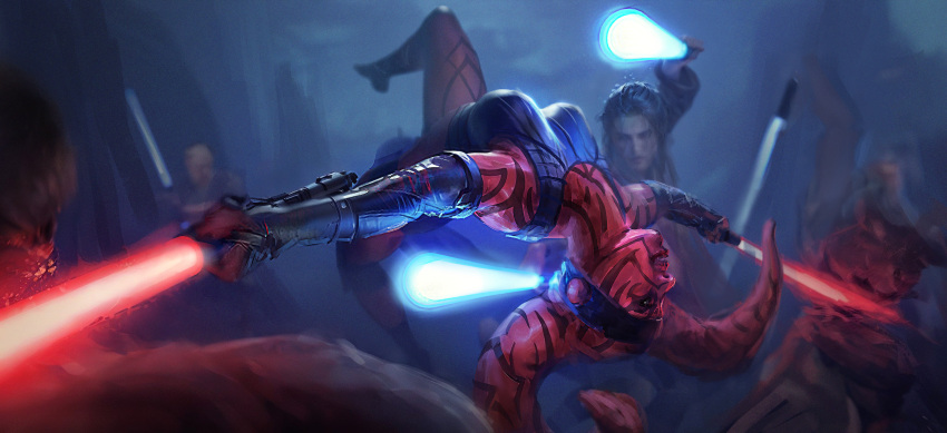 1boy, 1girl, 3others, absurdres, alien, arm_tattoo, backflip, blue_lightsaber