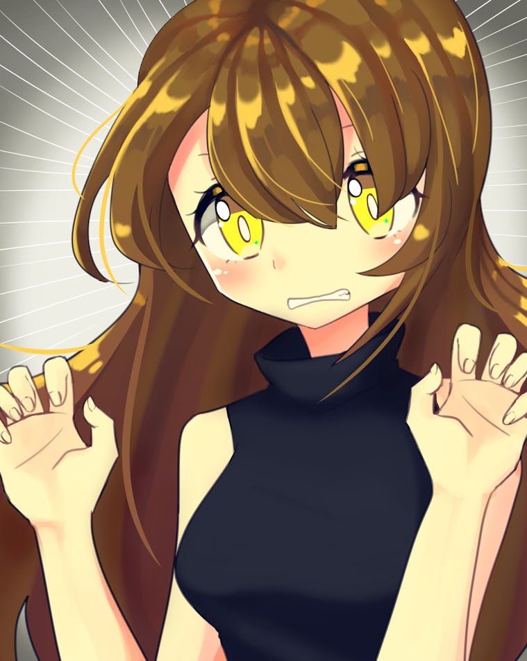 1girl, black_shirt, brown_hair, clenched_teeth, fingernails, grey_background, idol_(rhythm_tengoku), long_hair