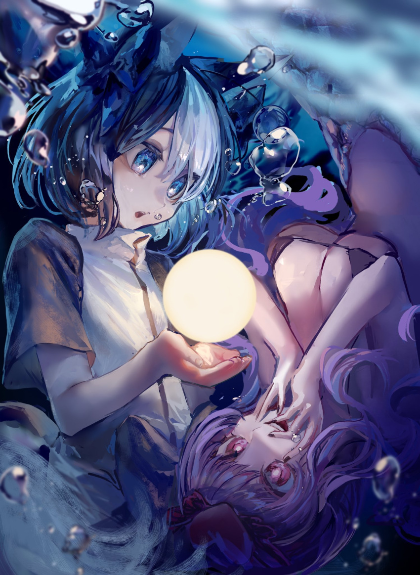 1boy, 1girl, animal_ears, bikini, black_hair, black_nails, blue_eyes, breasts, bubble, furi_kusukusu, hair_ornament, heart, heart_hair_ornament, highres, kokemozuku, long_hair, medium_breasts, mermaid, monster_girl, moochasu_dudager, multicolored_hair, nail_polish, open_mouth, purple_hair, red_eyes, ribbon, smile, swimsuit, towelket_wo_mou_ichido, underwater, yoru_no_umi_de_otsukisama_wo_tsuru