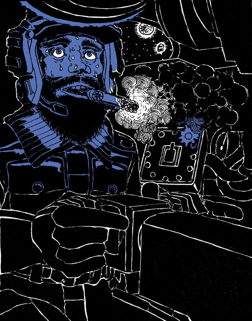 1boy, absurdres, beard, blue_eyes, cable, cigar, controller, facial_hair