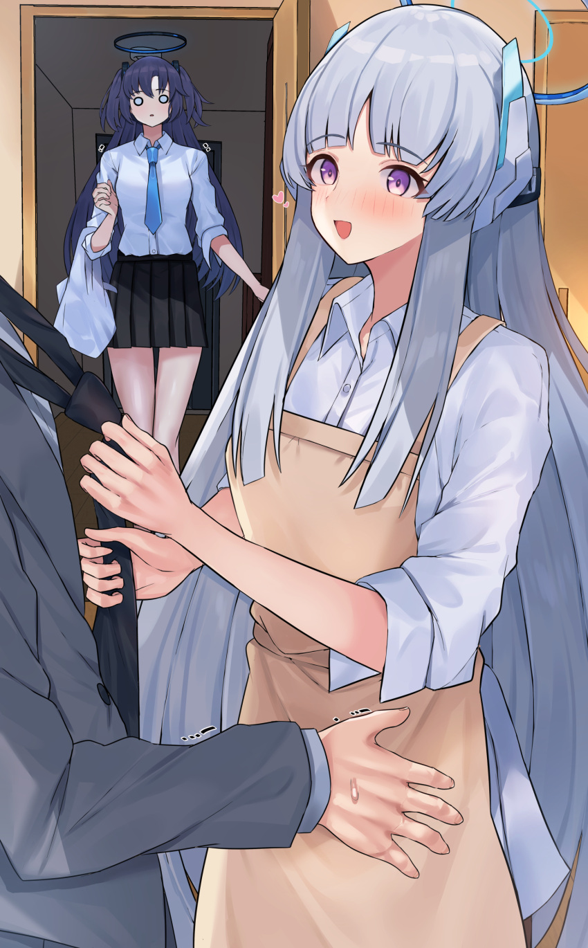1boy, 2girls, :d, absurdres, adjusting_clothes, adjusting_necktie, apron, black_necktie