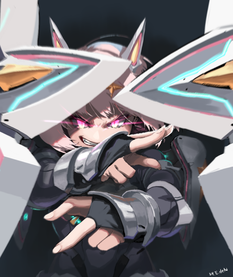 1girl, armor, armored_gloves, artist_name, black_background, black_bodysuit, bob_cut, bodysuit