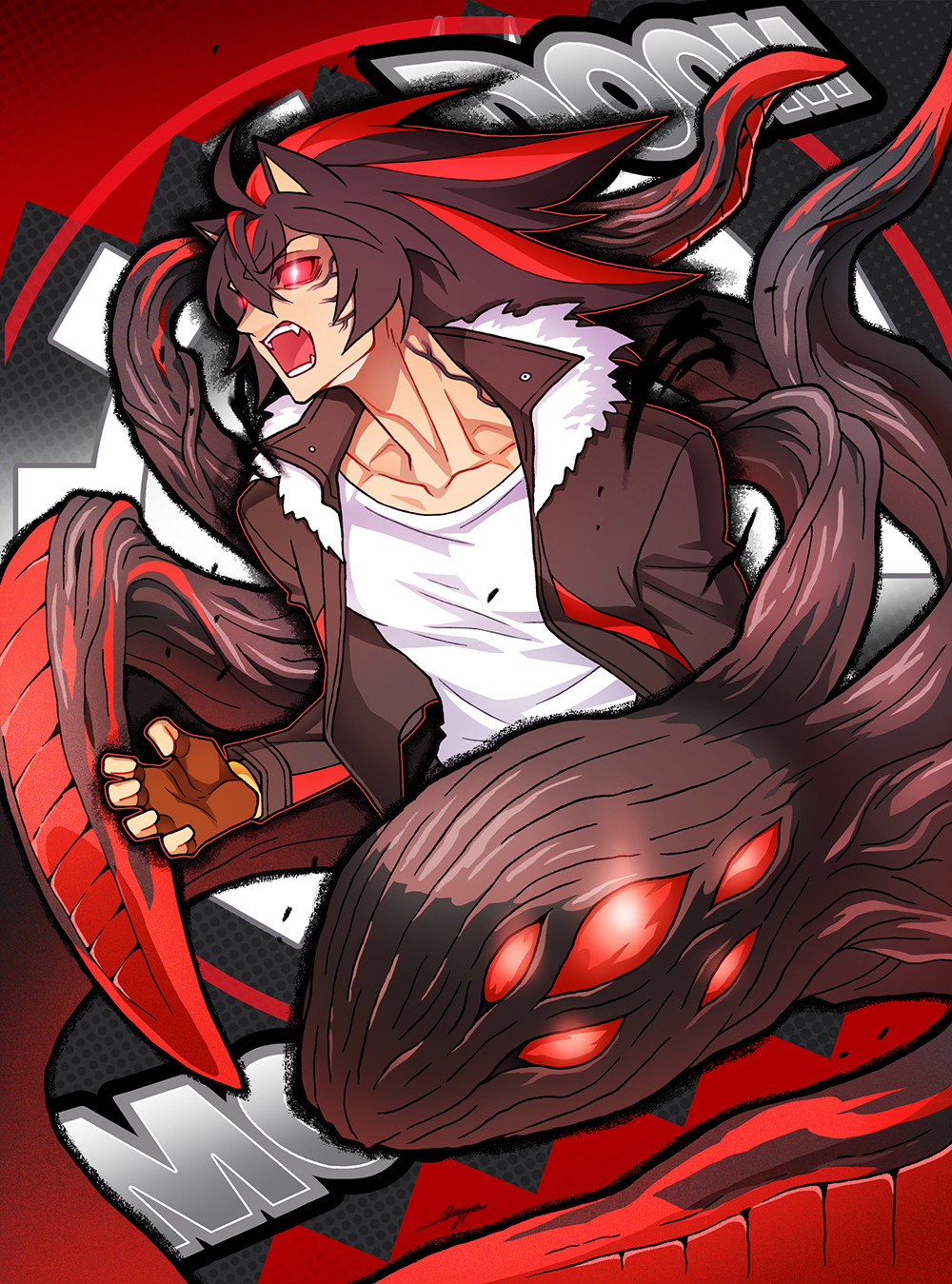1boy, animal_ears, black_hair, black_jacket, brown_gloves, character_name, commentary, creature