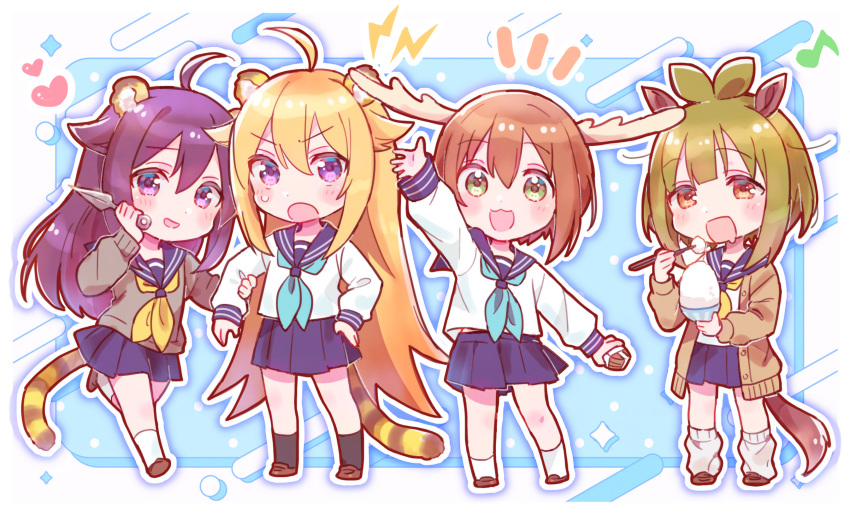 4girls, :d, :o, animal_ear_fluff, animal_ears, antlers, bashame_meme, black_socks