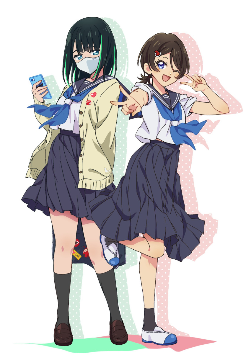 2girls, black_hair, blue_eyes, blue_neckerchief, blue_sailor_collar, breasts, brown_hair, green_hair