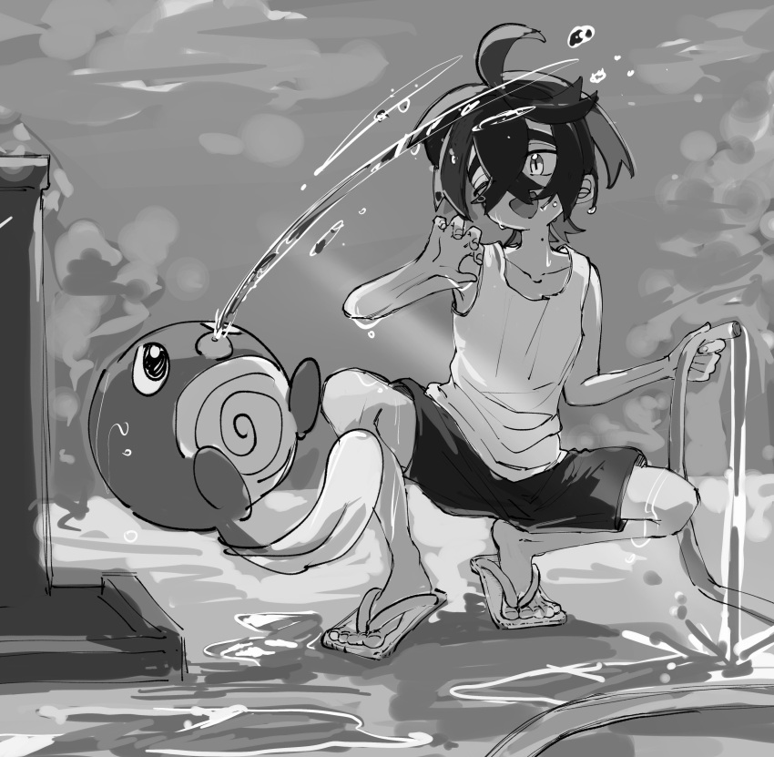 1boy, absurdres, commentary_request, crossed_bangs, greyscale, hair_between_eyes, highres, holding, holding_hose, hose, kieran_(pokemon), male_focus, mole, mole_on_neck, monochrome, one_eye_closed, ooamekeihou, open_mouth, pokemon, pokemon_(creature), pokemon_sv, poliwag, shorts, squatting, tank_top, water, wet