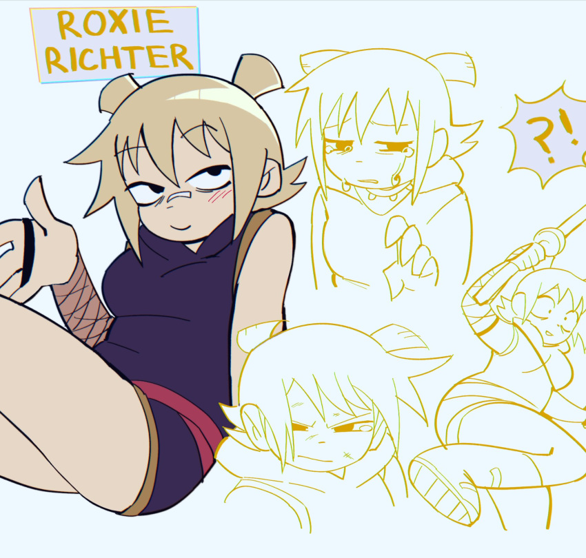 !?, 1girl, bandaid, bandaid_on_face, bandaid_on_nose, black_hoodie, black_shorts, blonde_hair