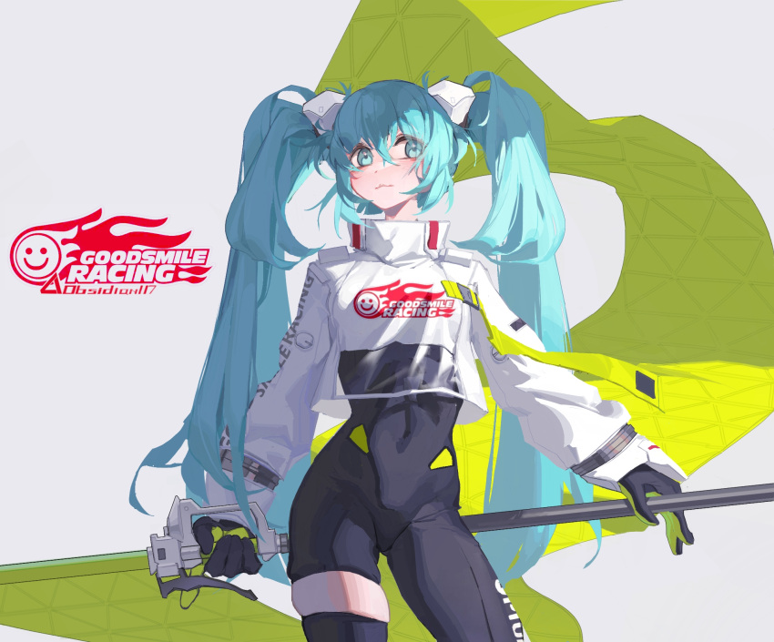 1girl, :3, aqua_eyes, aqua_hair, black_gloves, black_thighhighs, bodysuit, breasts