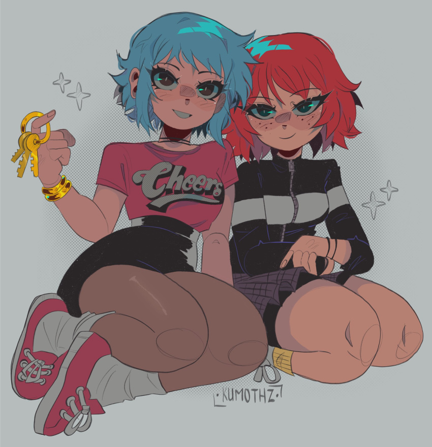 2girls, blush, breasts, brown_eyes, commentary, english_commentary, freckles, green_eyes, highres, holding, key, keyring, kim_pine, kumothz, looking_at_viewer, multiple_girls, pink_shirt, pleated_skirt, ramona_flowers, redhead, scott_pilgrim_(series), shirt, shoes, short_hair, signature, simple_background, sitting, skirt, smile, sneakers, socks, sparkle, white_socks