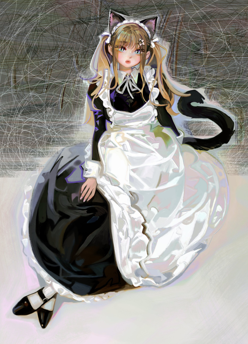 1girl, absurdres, animal_ears, apron, blue_eyes, bow, brown_hair, cat_ears