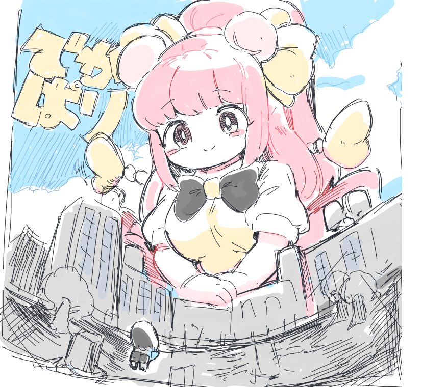 1boy, 1girl, black_bow, blue_sky, blush_stickers, bow, building, dekapari
