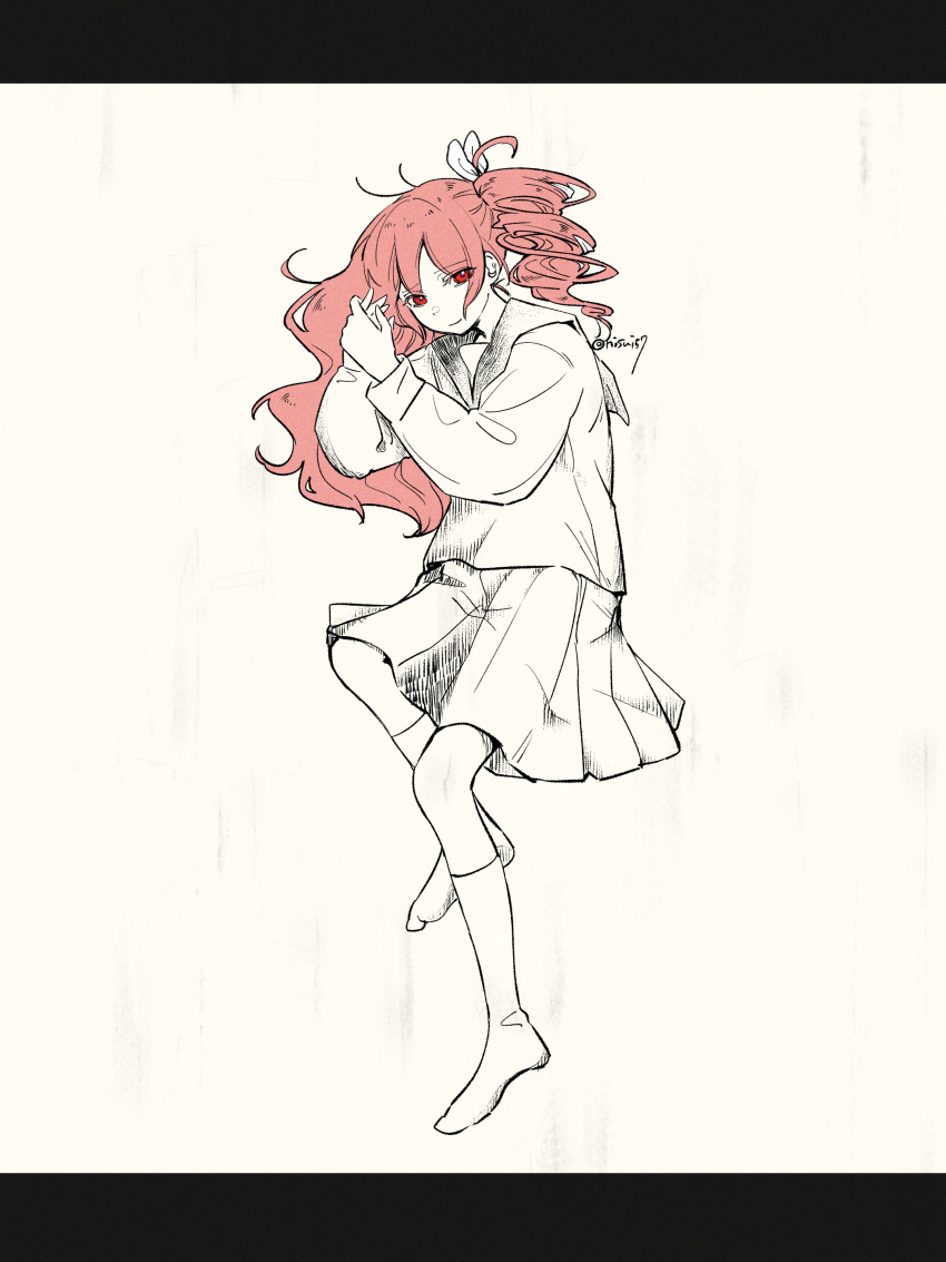 1girl, absurdres, alternate_costume, bow, closed_mouth, hair_bow, hair_down, highres, kasane_teto, kasane_teto_(sv), letter, long_hair, long_sleeves, looking_at_viewer, lying, nisui57, no_shoes, on_side, own_hands_together, partially_colored, red_eyes, redhead, sailor_collar, shirt, single_drill, skirt, smile, socks, solo, synthesizer_v, twitter_username, utau
