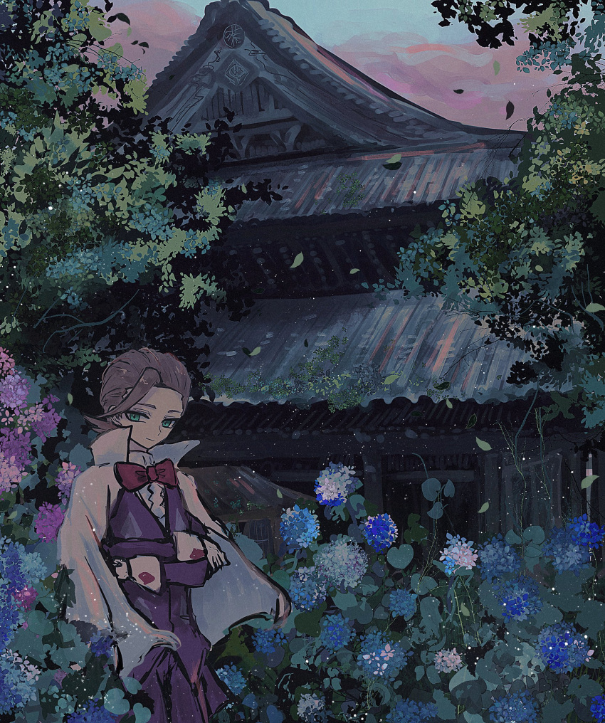 1boy, architecture, blue_eyes, blue_flower, bow, brown_hair, building, bush, cape, commentary_request, crossed_arms, east_asian_architecture, eusine_(pokemon), flower, gloves, highres, horimhkw11, hydrangea, jacket, leaf, looking_at_viewer, male_focus, outdoors, pants, pokemon, pokemon_hgss, purple_flower, purple_jacket, purple_pants, red_bow, sky, white_cape, white_gloves