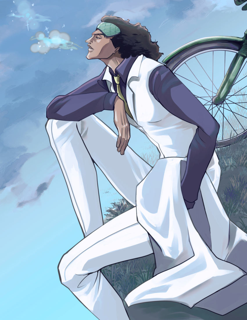 1boy, aomushimm, bicycle, black_hair, breath, clouds, cloudy_sky, dark-skinned_male