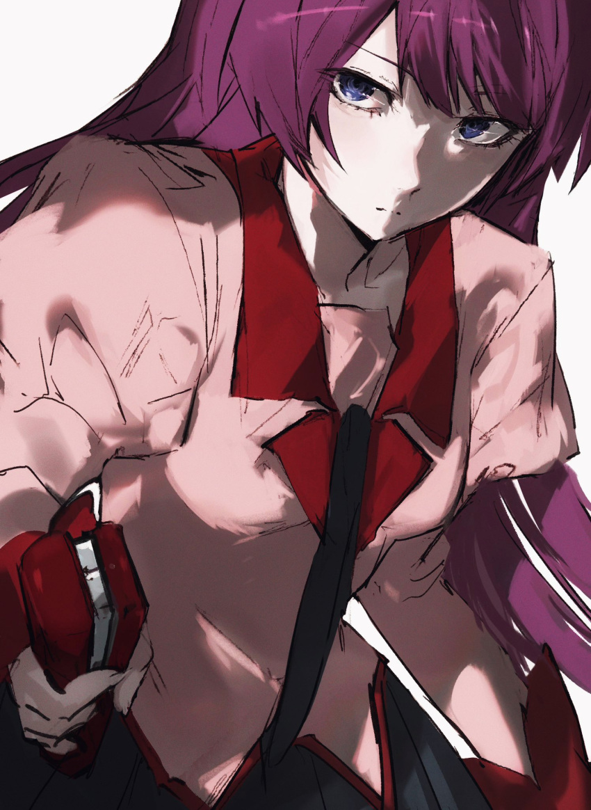 1girl, bakemonogatari, black_necktie, blue_eyes, breasts, closed_mouth, collared_shirt, cowboy_shot