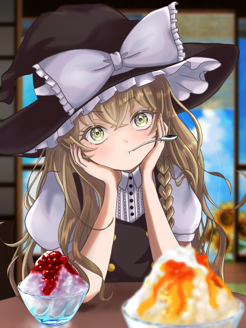 1girl, absurdres, blurry, blurry_background, blurry_foreground, bow, braid, commentary_request