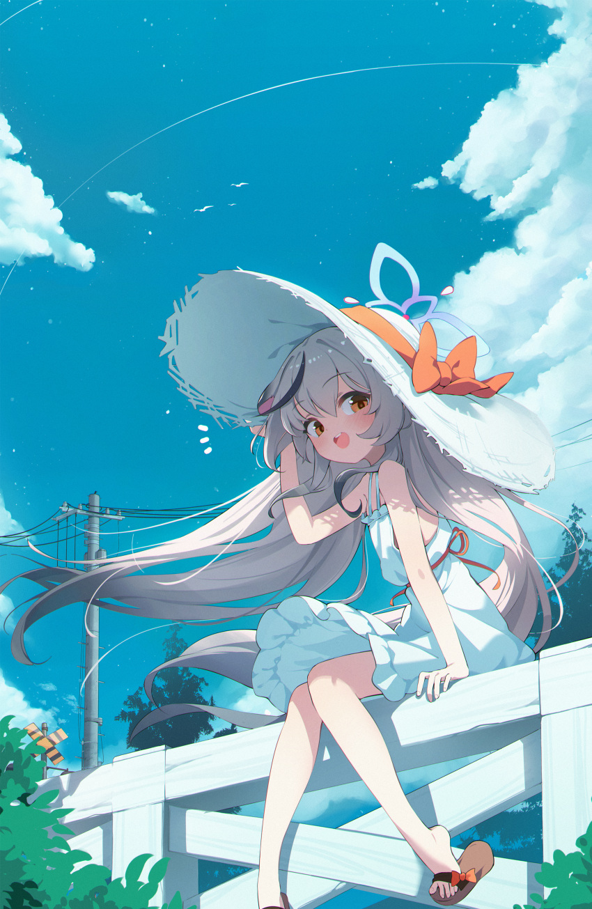 1girl, absurdres, animal_ears, bare_shoulders, black_hair, blue_archive, blue_sky, blush