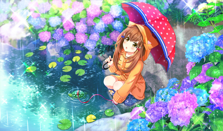 1girl, animal_hood, blue_bow, blue_flower, blush, bow, brown_eyes, brown_hair