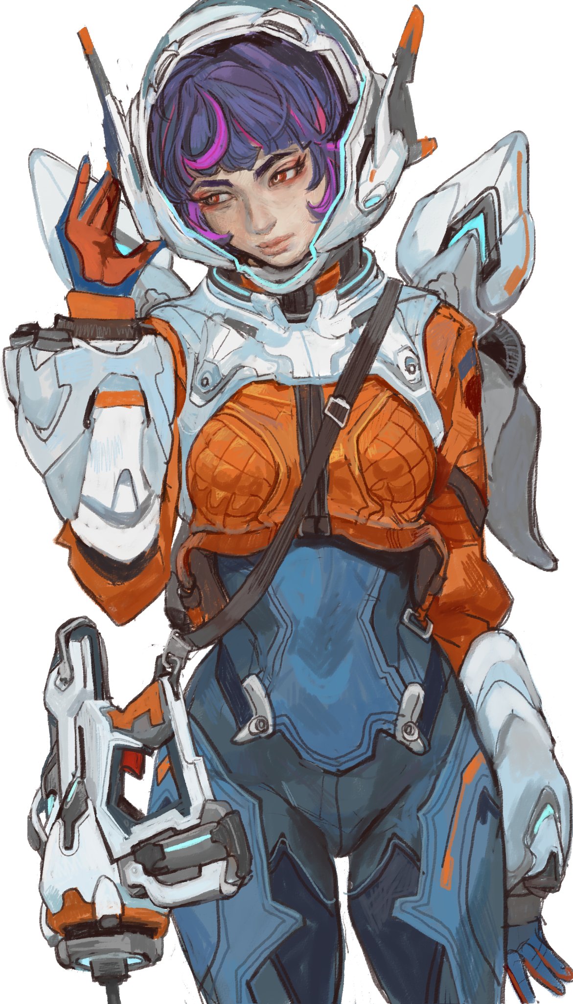 1girl, armor, blue_bodysuit, blue_light, bodysuit, cowboy_shot, gun, handgun, highres, jacket, juno_(overwatch), mossacannibalis, multicolored_hair, orange_jacket, orange_stripes, overwatch, overwatch_2, pink_hair, purple_hair, red_eyes, science_fiction, solo, spacesuit, strap, streaked_hair, thrusters, vernier_thrusters, weapon, white_armor, white_background