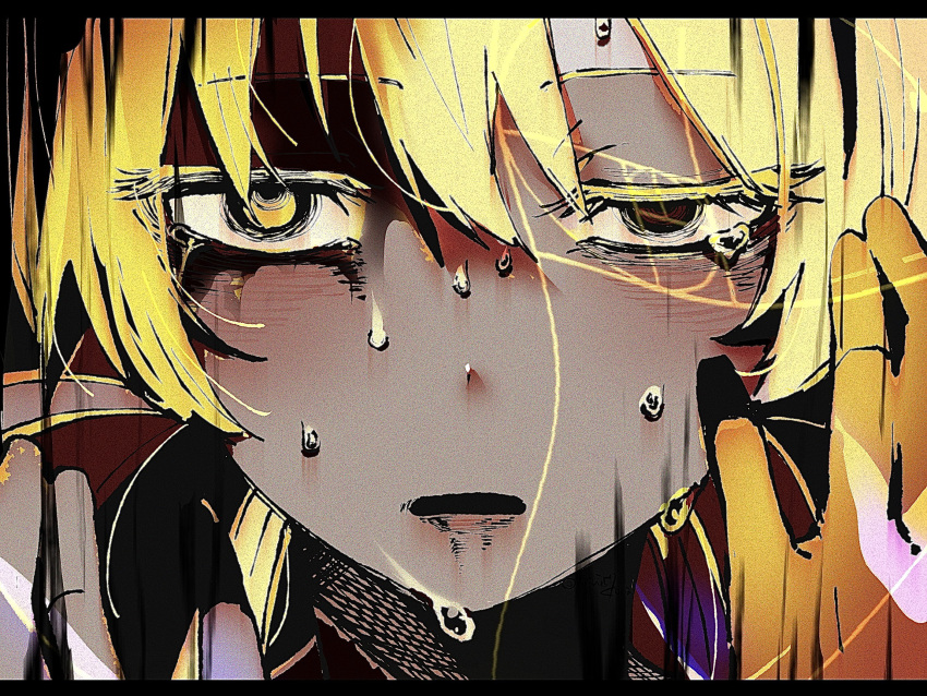 1girl, bags_under_eyes, blonde_hair, flower, golden_number_(vocaloid), half-closed_eyes, hands_up, heterochromia