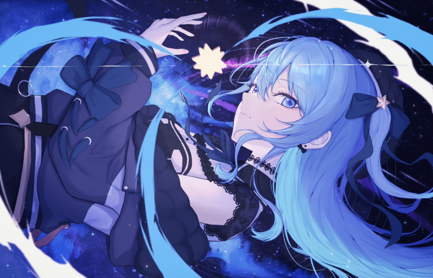 1girl, blue_eyes, blue_hair, bow, bow_earrings, choker, earrings, galaxy