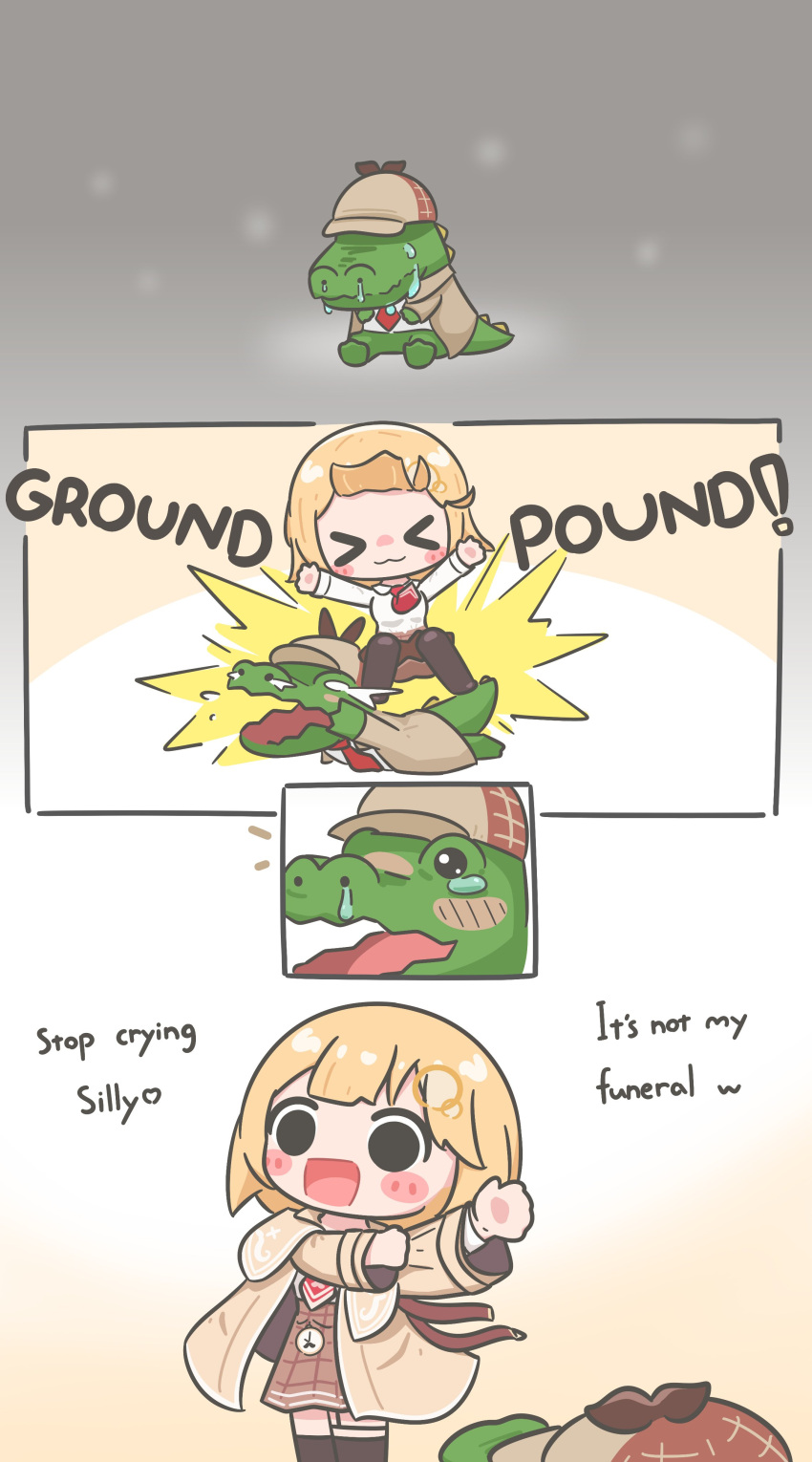 >_<, 1girl, :3, absurdres, blonde_hair, blush_stickers, dress_shirt, english_commentary