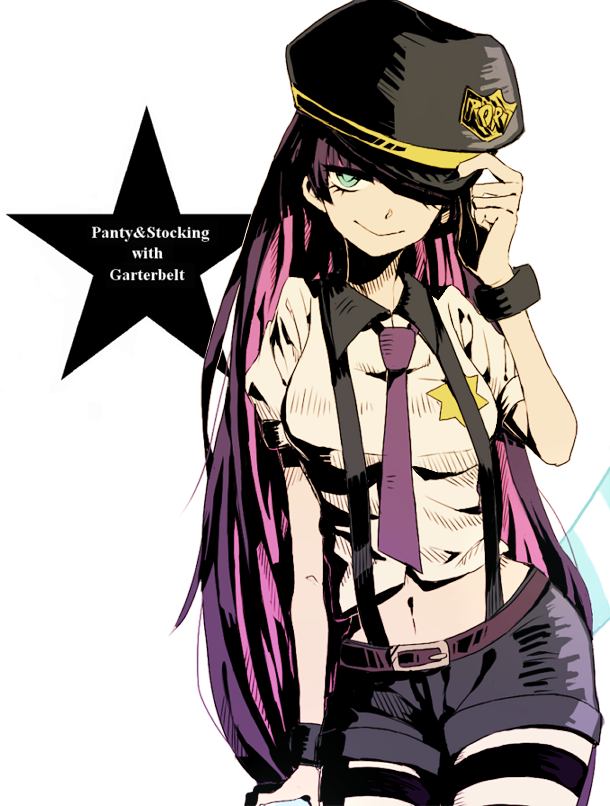 female, hand_on_hat, hat, hat_over_one_eye, kina58, panty_&amp;_stocking_with_garterbelt, smile, solo