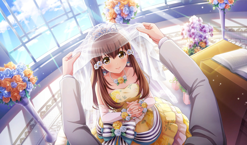 1girl, blue_flower, blurry, book, bridal_veil, brown_eyes, brown_hair, cinderella_series