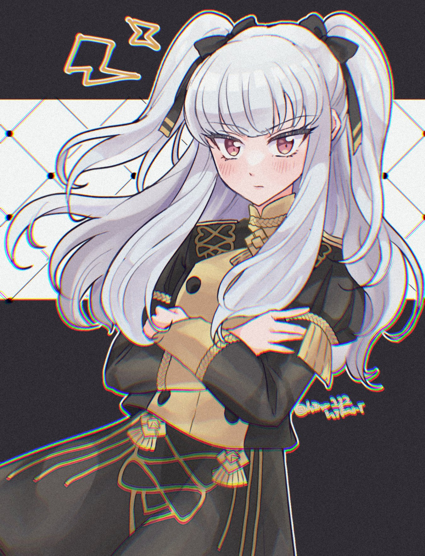 1girl, alternate_hairstyle, black_bow, black_jacket, black_skirt, blush, bow, commentary, cowboy_shot, crossed_arms, fire_emblem, fire_emblem:_three_houses, garreg_mach_monastery_uniform, grey_hair, hair_bow, highres, hino222hikari, jacket, juliet_sleeves, long_hair, long_sleeves, looking_at_viewer, lysithea_von_ordelia, puffy_sleeves, skirt, solo, standing, symbol-only_commentary, twintails, two_side_up, very_long_hair