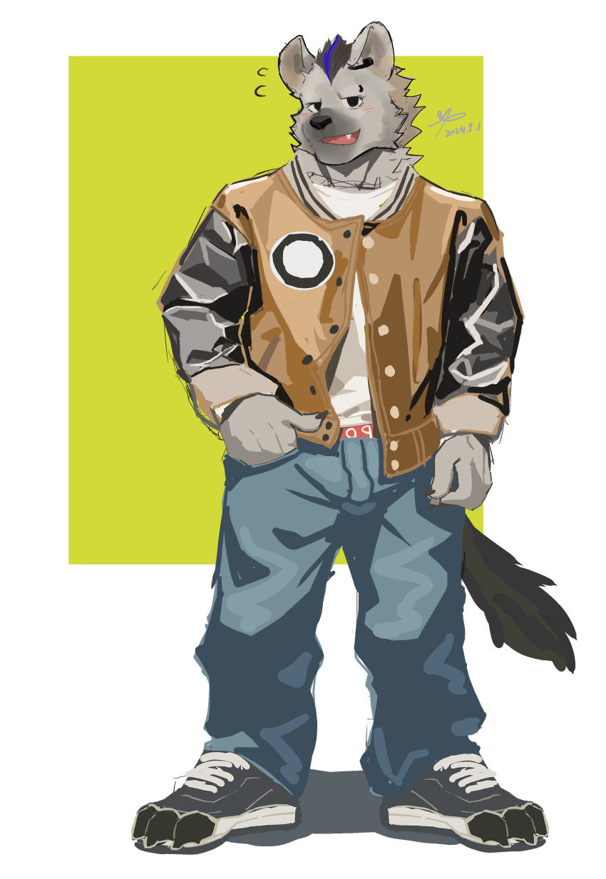 1boy, absurdres, arknights, black_footwear, blush, brown_jacket, chinese_commentary, claws